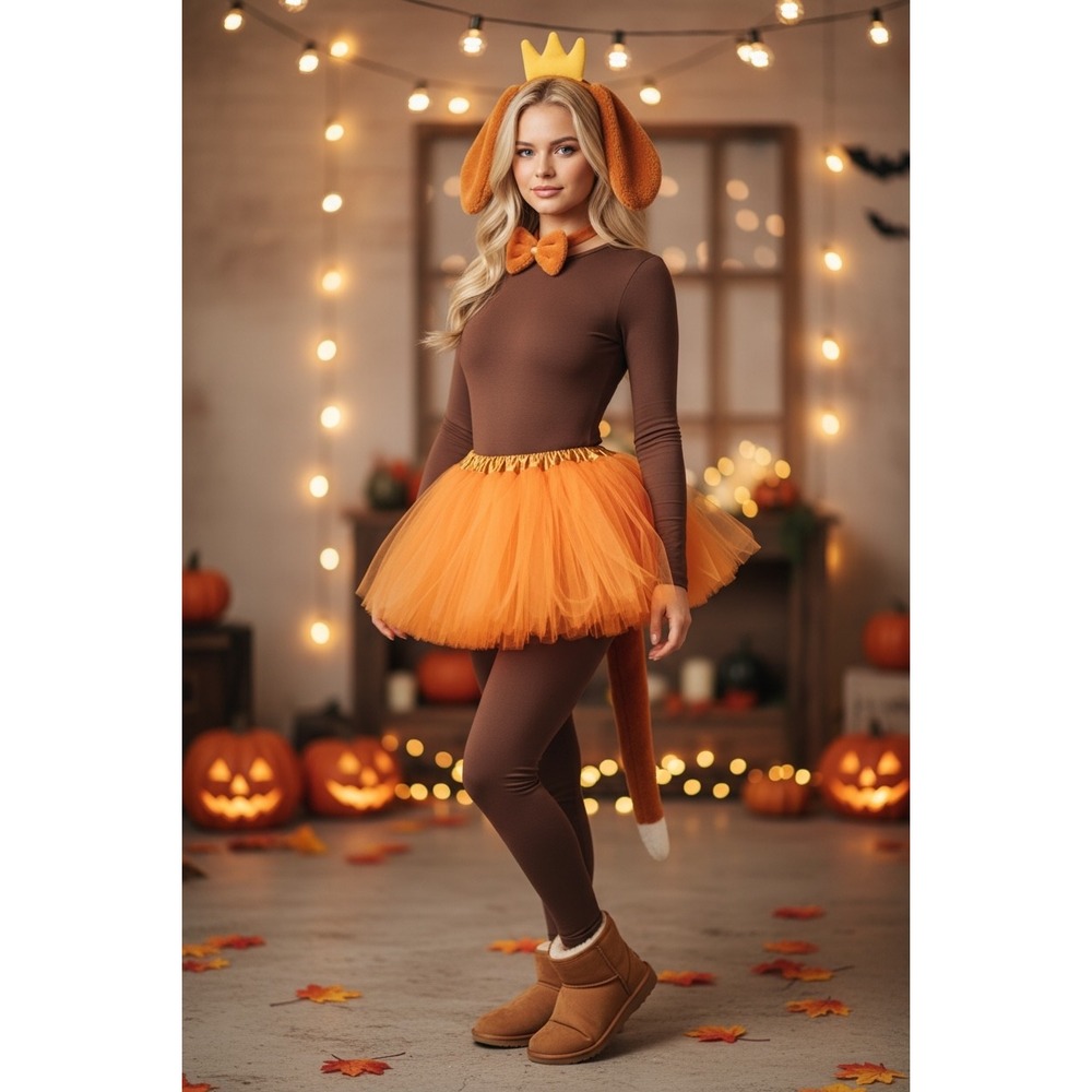 NEW Womens Cute Dog Costume Crown‎ Ears Bow Tail Tutu Halloween Outfit